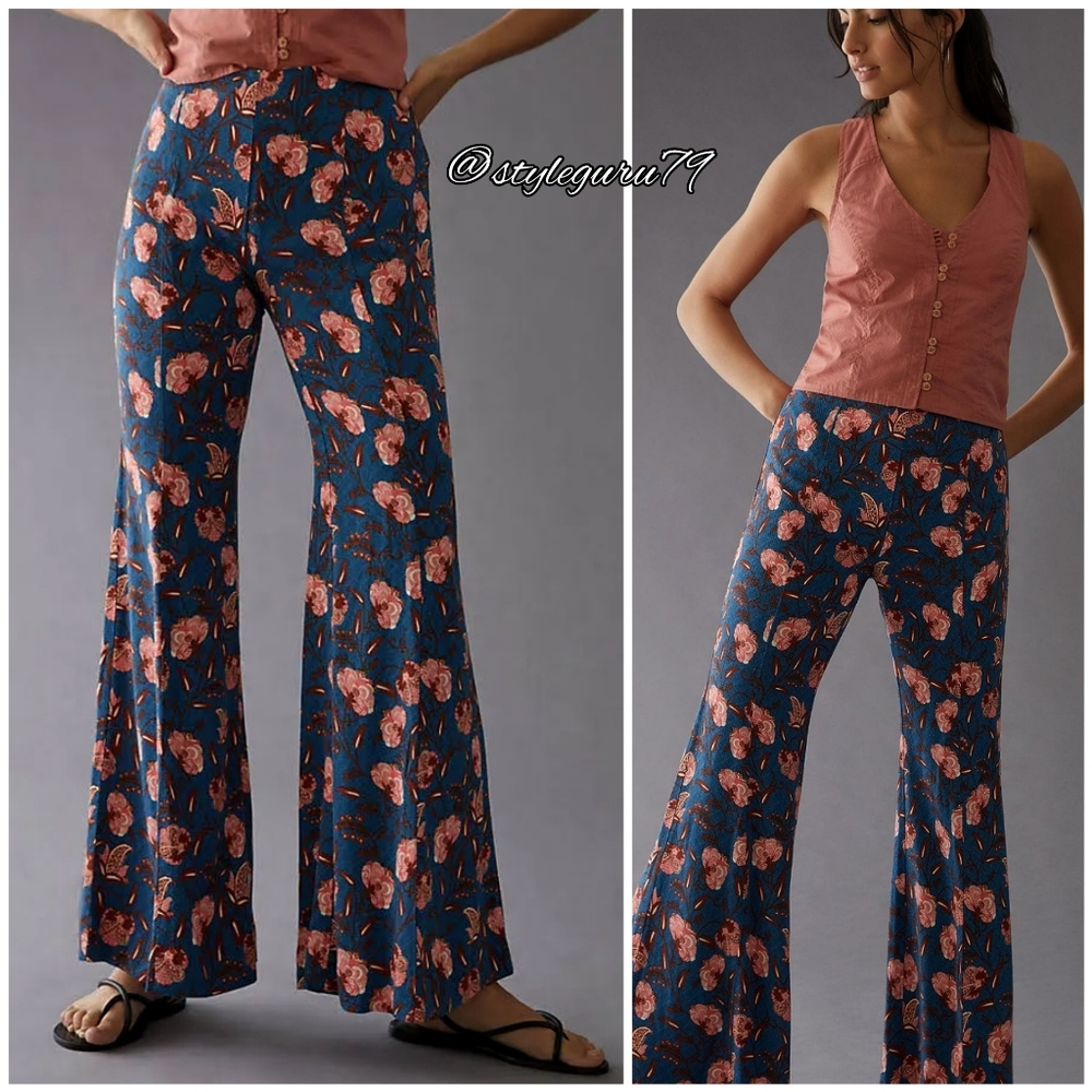 NWT, Anthropologie, Drapey Floral Print Flare Pants - Picture 1 of 3